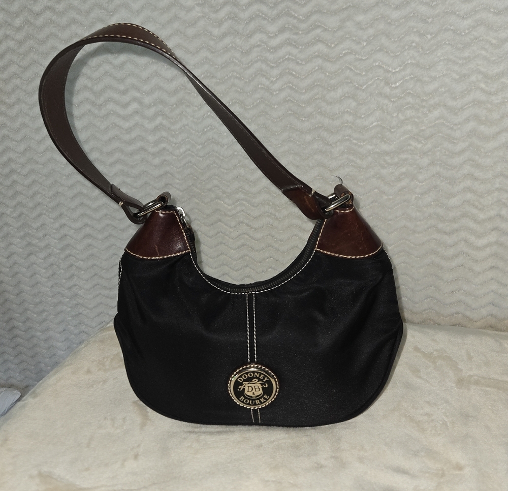 Dooney & Bourke Black Canvas Shoulder Hobo with Brown Leather Trim